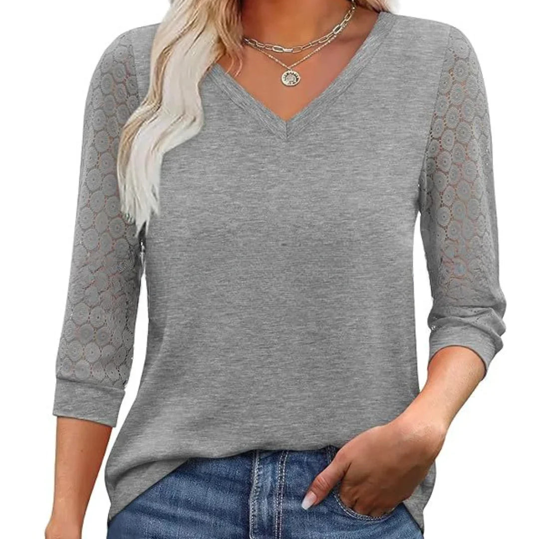 Blusa Casual de Cuello en V con Mangas de Encaje