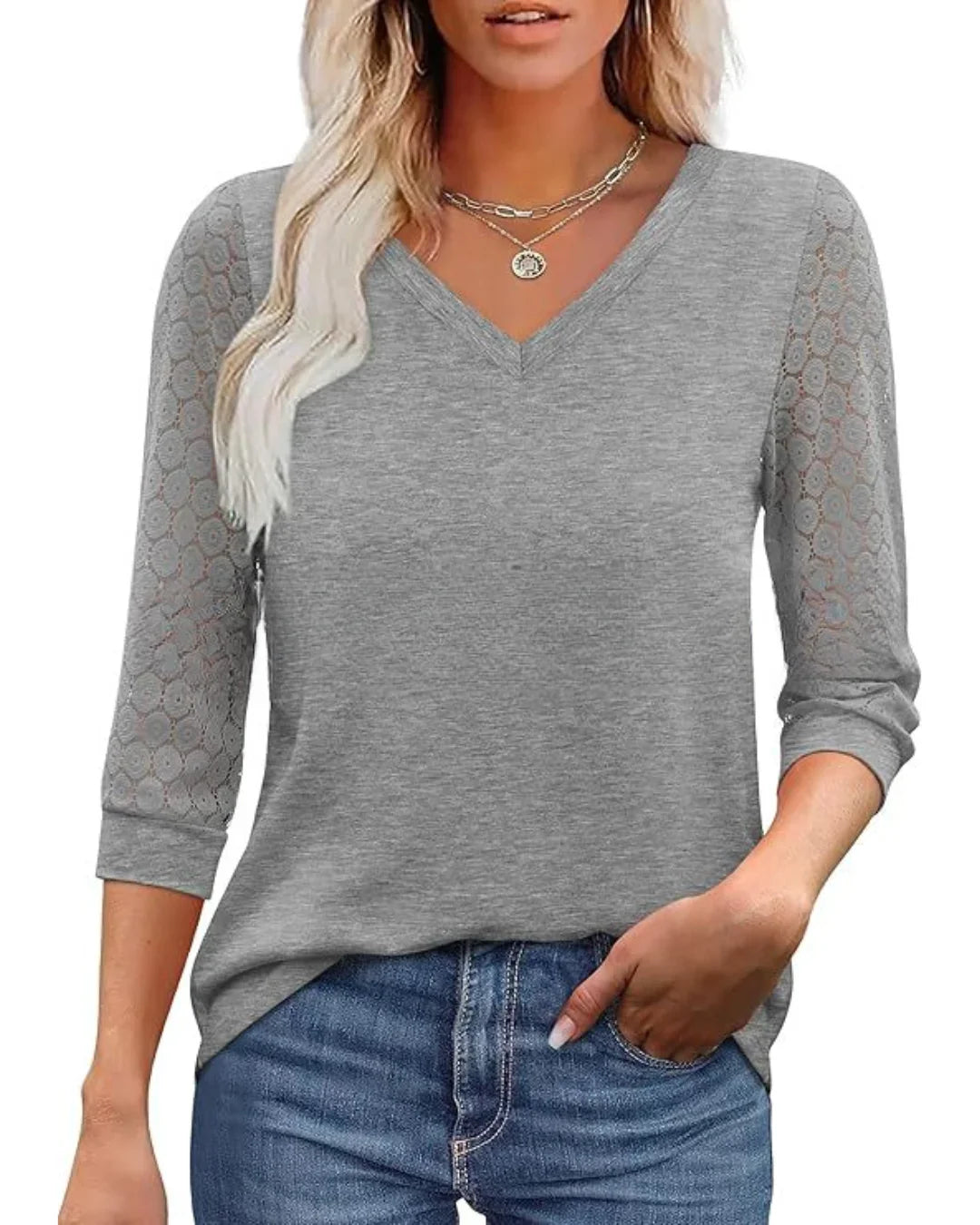 Blusa Casual de Cuello en V con Mangas de Encaje