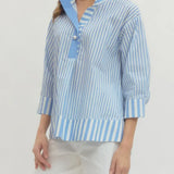 Blusa de Botones de Perla con Cuello en V a Rayas Verticales