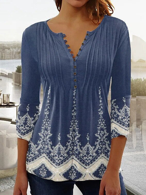 Blusa Floral con Mangas de Campana y Pliegues